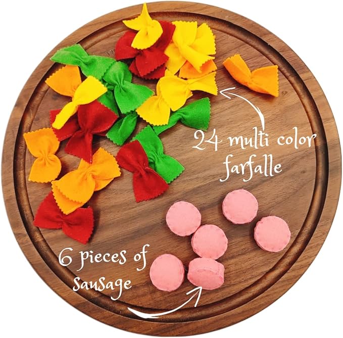 Felt play food Pasta farfalle with sausage for pretend play in kids kitchen, plush fake realistic bow tie (multi color farfalle, Large set (24 farfalle, 6 sausages))