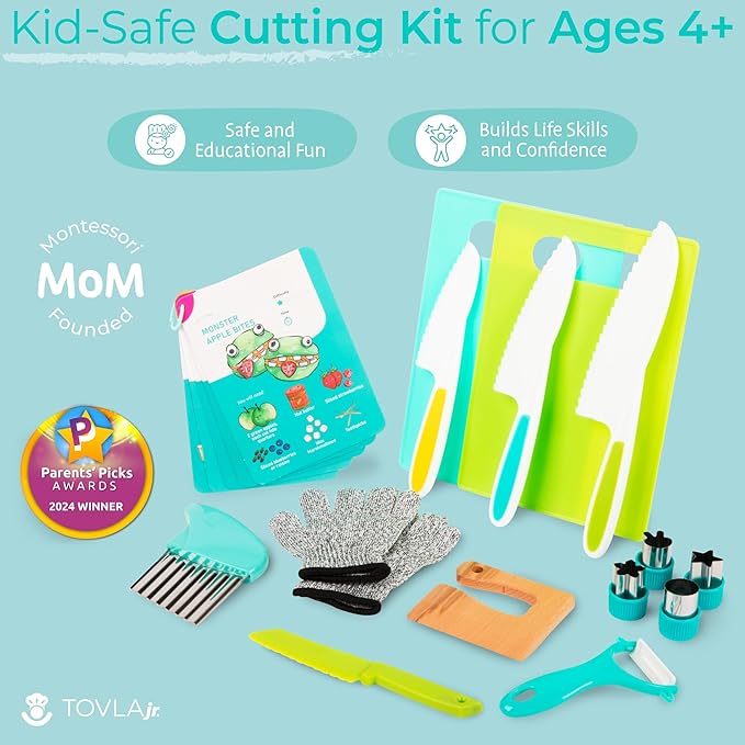 Toddler Safe Knife Set with Recipe Book - Includes Peeler, Cutting Board, and Chopper - Real Kitchen Tools for Kids Ages 4-12