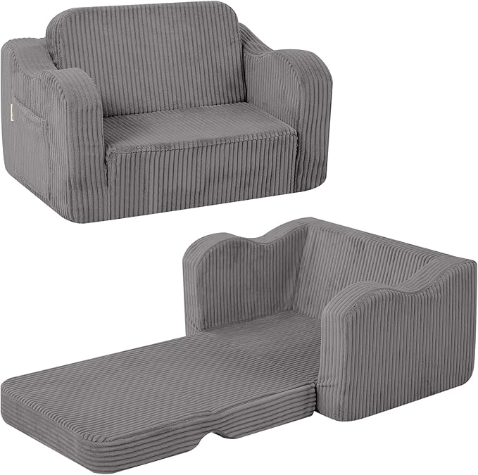 MeMoreCool Toddler Chair Comfy for 1-3 Years Old, Corduroy Kids Couch Bed Fold Out, 2-in-1 Foldable Baby Lounge Chair, Pull Out Children Sofa Bed, Light Grey