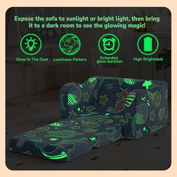 MeMoreCool Glowing Ocean Kids Chair - Glow-in-the-Dark 2-in-1 Kids Couch Fold Out to Lounger, Sea Life Foam Sofa with Seahorse Starfish Shell Print, Washable Cover for Ages 1-3 | Reading, Relaxing