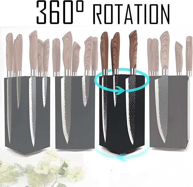 Resafy Black Magnetic Knife Wooden Block 360 Rotatable Knife Holder Rack Magnetic Stands with Strong Enhanced Magnets Kinves Strip，Modern Black Style