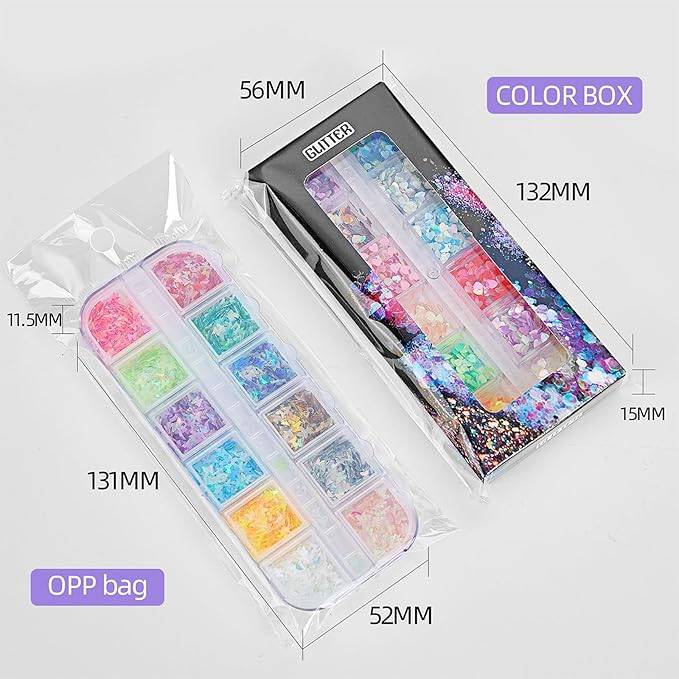 12 Grids Luminous Nail Art Glitter Powder, Glow in The Dark Nail Art Sequins with Heart Shape Designs, Night Holographic Fluorescent Nails Mix Pigment Supplies for Women Girls Glow Decorations