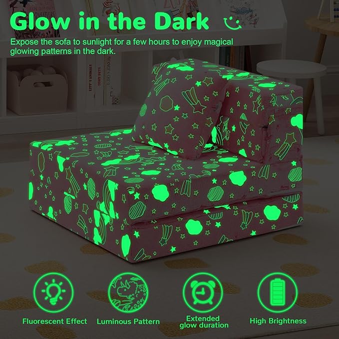 MeMoreCool Glow Tri-fold Sofa Bed for Kids, Folding Futon Mattress and Chair, Foldable Floor Couch for Playroom and Trifold Mattress for Sitting
