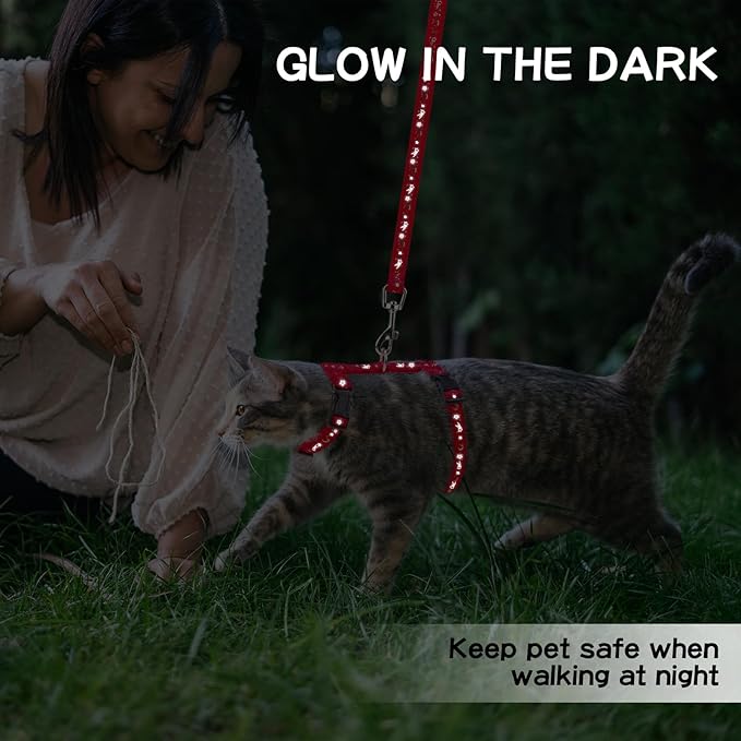 PAWCHIE Cat Harness with Leash and Collar Set - Escape Proof Adjustable H-shped Cat Harness with Star and Moon Pattern Glow in The Dark for Kitty Outdoor Walking, Red M
