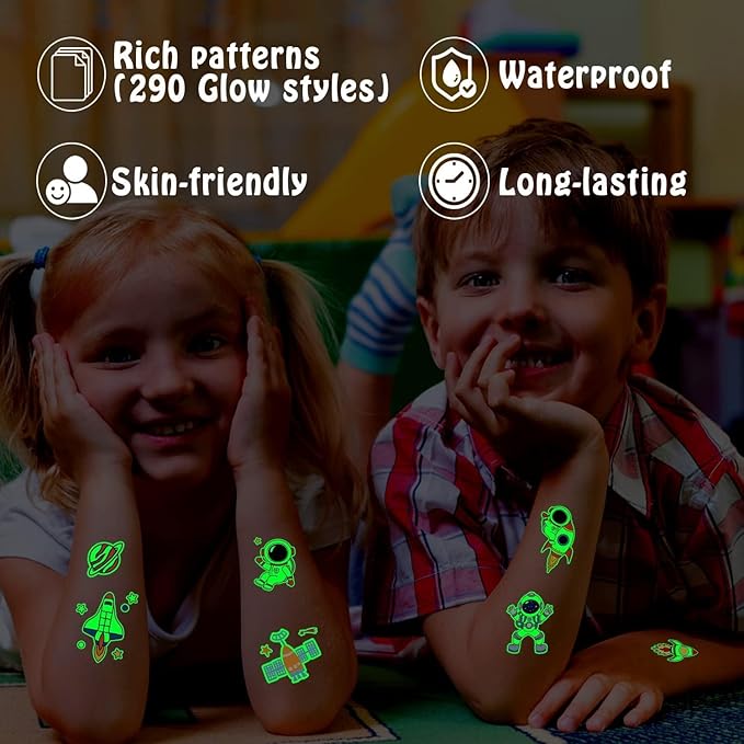 Partywind 290 Styles (30 Sheets) Luminous Space Tattoos for Kids Party Decorations, Glow Outer Space Party Supplies Favors with Astronaut/Rocket/Planet, Kids Games for Glow Party