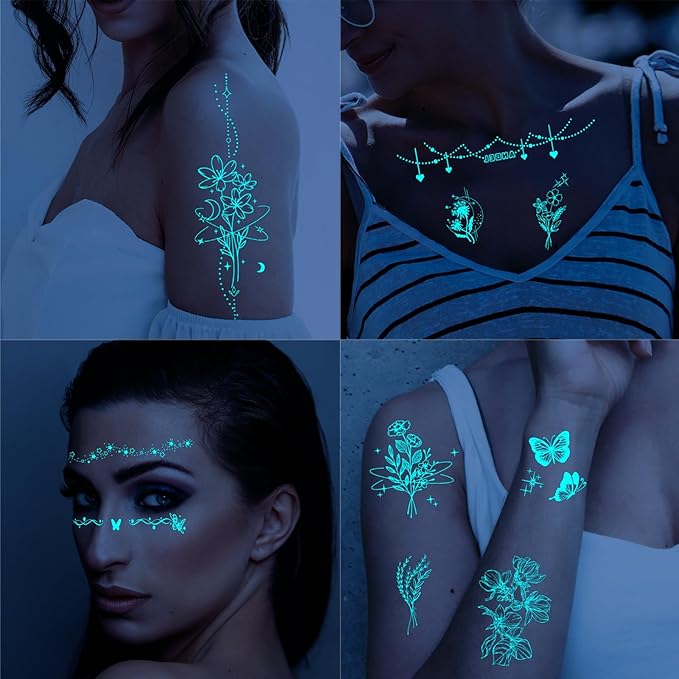 Realistic Flower Plant Blue Glow in the Dark Tattoo Temporary for Adult Women, Luminous Floral Leaf Butterfly Face Fake Tattoo Sticker Girl Arm Hand, Sexy Feather Temp Tatoo Body Art Makeup, 9-Sheet