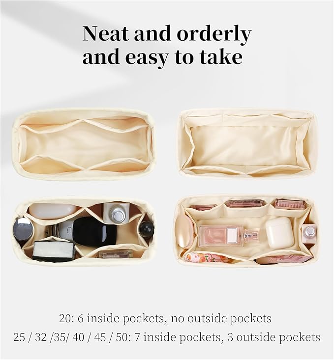 Purse Organizer Insert for Birkin 25, Lightweight & Soft Satin Organizer Insert with Pockets for Woman Bags, Ideal for Travel, Shopping, and Daily Use, Multicolor Options(Craie, BK25 Sellier)