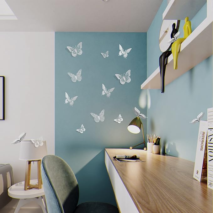 SAOROPEB 3D Butterfly Wall Decor, 48 Pcs 4 Styles 3 Sizes, Removable Metallic Wall Sticker Room Mural Decals for Kids Bedroom Nursery Classroom Party Decoration Wedding Decor DIY Gift (Sliver)