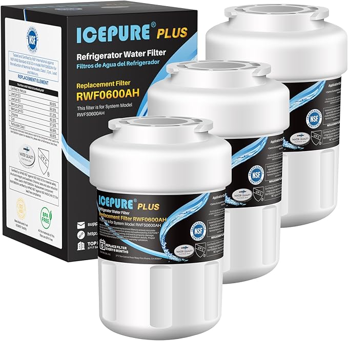 ICEPURE NSF/ANSI 53 Certified Premium RWF0600AH Replacement for MWF, MWFP, 197D6321P006, WFC1201, MWFA, PC75009, HDX FMG-1, GSE25GSHECSS, 46-9996, GSH25JSDDSS GWF Refrigerator Water Filter 3PACK