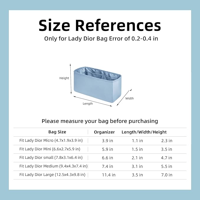 DGAZ Silk Purse Organizer Insert For Lady-Dior Micro/Mini/S/M/L bags，Silky Smooth Bag Organizer，Luxury Handbag & Tote Shaper(Azure,S)