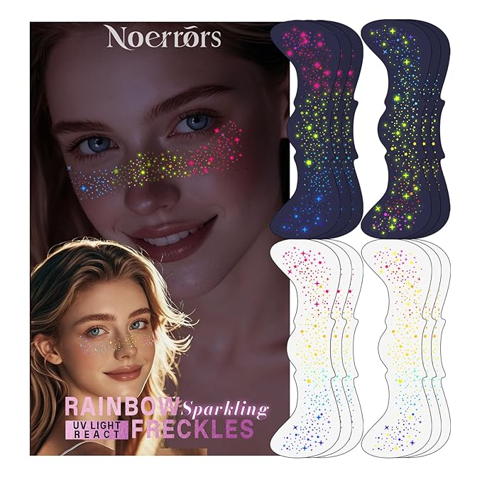Noerrors 12pcs Rainbow Freckles Face Tattoo Sticker Glow under UV Light Blacklight in the Dark, Neon Fluorescent Glitter Colorful Fake Faux Freckle Temporary Patches Makeup for Party Supplies #01+02