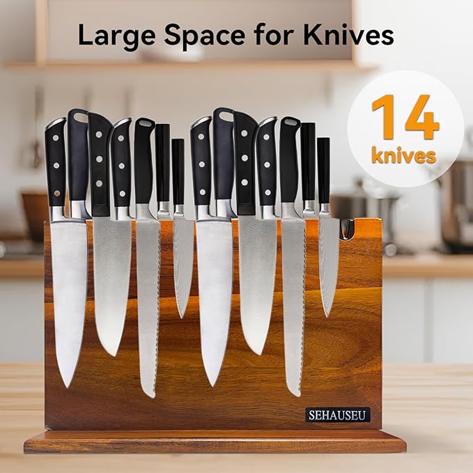 Double Sided Magnetic Knife Stand with sharpener,Kitchen Storage with Strong Magnets for Knives & Utensils,Modern Wooden Knife Block for Kitchen Countertops, Without Knives,14"x10"