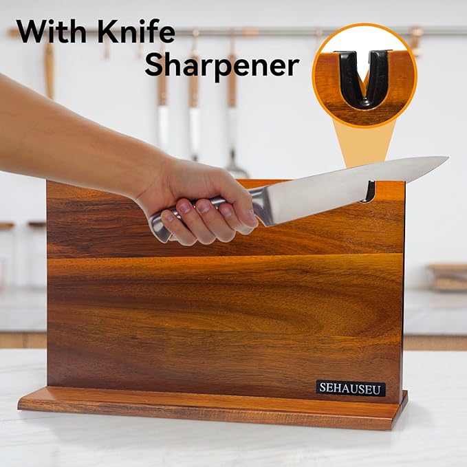 Double Sided Magnetic Knife Stand with sharpener,Kitchen Storage with Strong Magnets for Knives & Utensils,Modern Wooden Knife Block for Kitchen Countertops, Without Knives,14"x10"