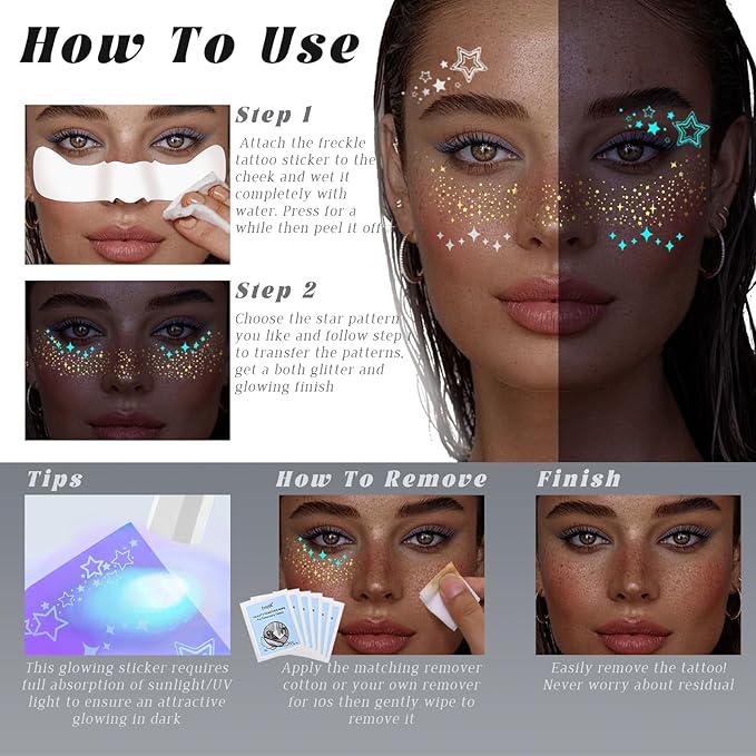 Noerrors Glow in Dark Glitter Freckles Star Gold Freckle Makeup Patches Set Nightglow Sparkle Face Glitter Shimmer Cute Faux Speckles Tattoo Sticker for Singer Music Festival Christmas Party