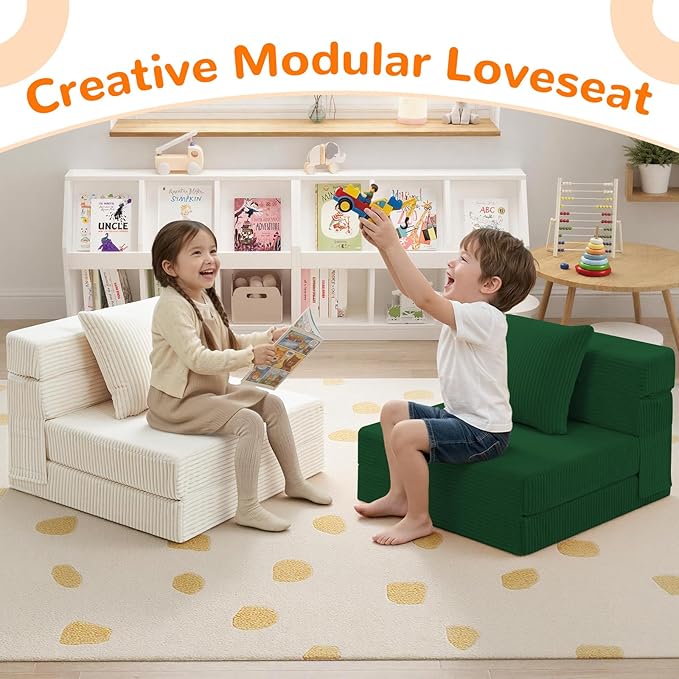 MeMoreCool Folding Sofa for Kids, Corduroy Fold Out Futon Chair, Small Foldable Floor Mattress, Portable Children Couch Sofa, Beige