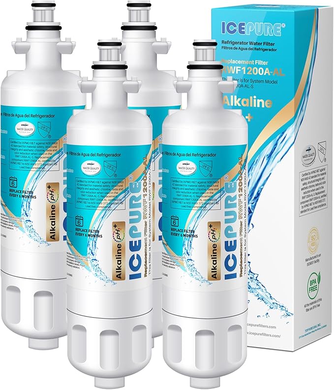 ICEPURE Alkaline ADQ36006101 Refrigerator Water Filter Replacement for LG LT700P, Kenmore Elite 46-9690, FML-3, ADQ36006102, RWF1052, CLCH106, RWF1200A, LFX28968ST, LFXS29626S, Enhances PH, 4Pack