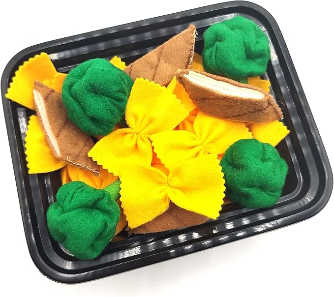 Pasta with broccoli, farfalle, bow tie pasta, felt play food for kids kitchen, pretend play for kids (yellow, set 3 (farfalle, broccoli, chicken))