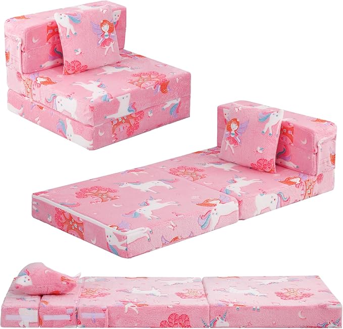 MeMoreCool Foldable Futon Chair Bed for Kids, Glow Tri-fold Sofa Bed Convertible Toddler Sofa Mattress, Foam Floor Couch for Sitting, Pink