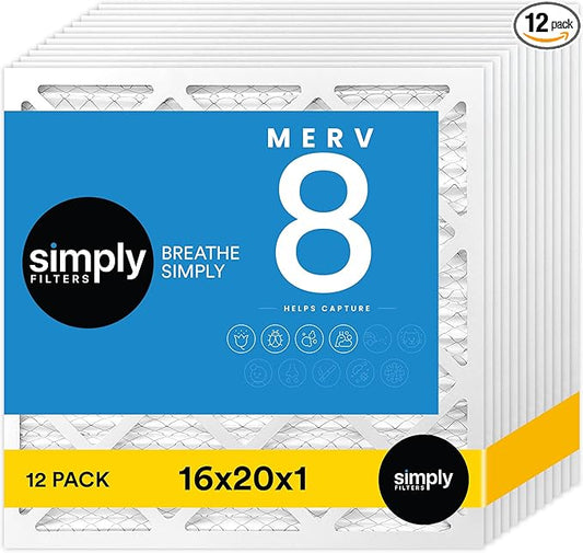Simply 16x20x1 Air Filter, Merv 8, MPR 600, 12 Pack, Furnace Air Filter for HVAC (Actual Size: 15.75"x19.75"x0.75") DUST, Pet, & Allergy Control