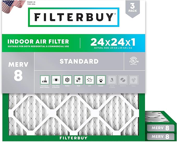 Filterbuy 24x24x1 Air Filter MERV 8 Essential Dust & Allergy Defense (3-Pack), Electrostatic Pleated HVAC AC Furnace Filters Replacement (Actual Size: 23.38 x 23.38 x 0.75)