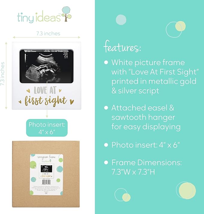 Tiny Ideas Love at First Sight Sonogram Picture Frame, Gender Neutral Ultrasound Keepsake, Ideal Pregnancy Gift, Baby Shower and Nursery Decor, 4” x6” Photo Insert, Gold, Silver And White