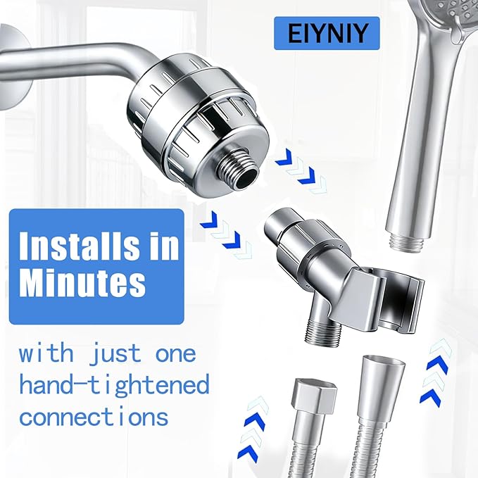 Universal Shower Filter, High Output with Replaceable 15-Stage Cartridge to Remove Chlorine & Impurities, Improve Water Quality for Skin & Hair Care, Chrome，with Bracket Holder (EY-009S)