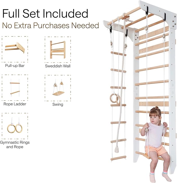 WEDANTA Wooden Swedish Ladder Wall Set – Kids Stall Bars for Exercise – Kids Swedish Gymnastic Wall Gym – Wood Stall Bar Gymnastics Playground – Best Gym for All Family