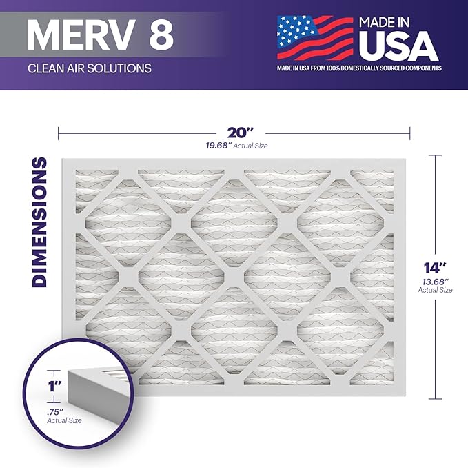 BNX 14x20x1 MERV 8 Air Filter 2 Pack - MADE IN USA - Electrostatic Pleated Air Conditioner HVAC AC Furnace Filters - Removes Dust, Mold, Pollen, Lint