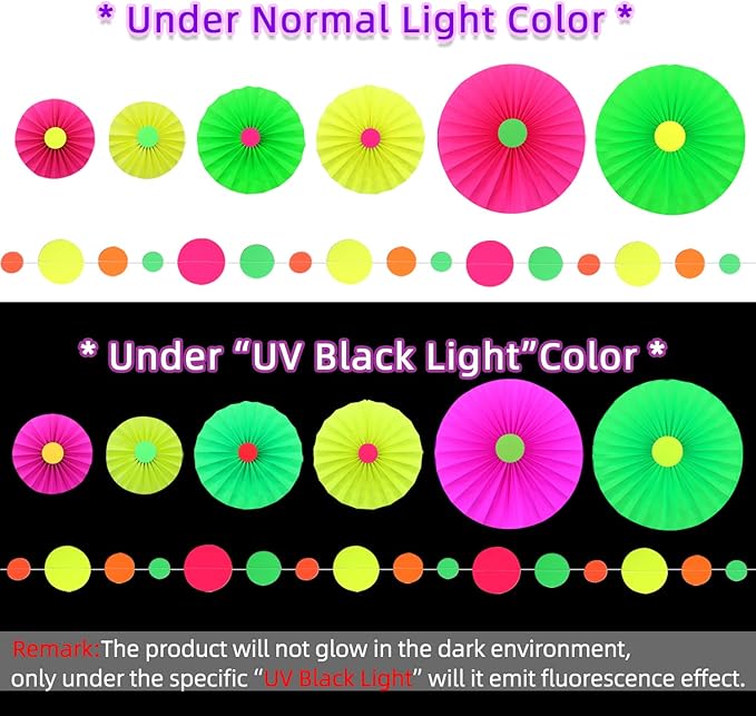 6Pcs UV Neon Hanging Paper Fans - Flowers Glow Paper Fans - Party Supplies and Decorations - Glow in The Dark Blacklight Reactive Fluorescent Black Light Kit - Neon Party for Birthday Wedding