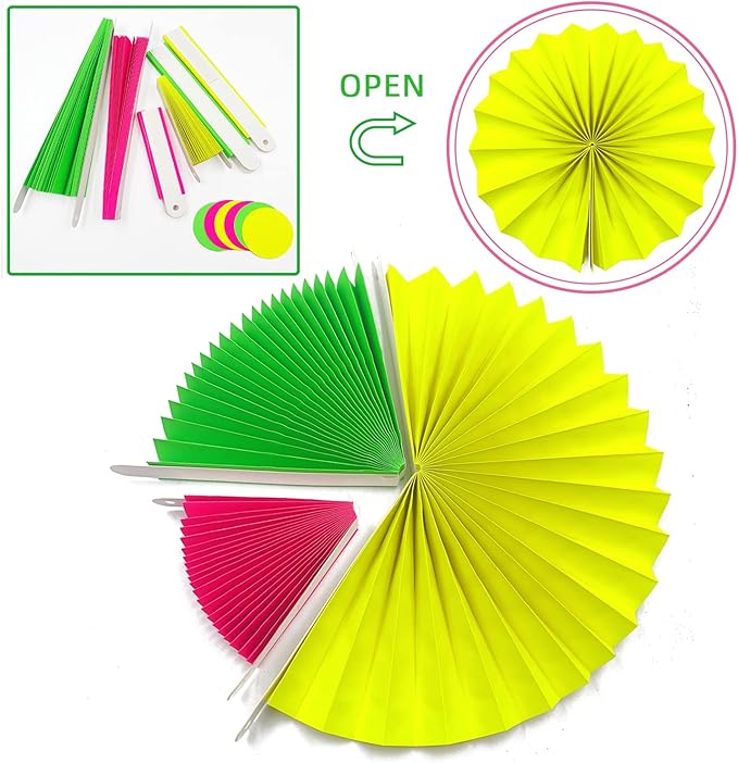 6Pcs UV Neon Hanging Paper Fans - Flowers Glow Paper Fans - Party Supplies and Decorations - Glow in The Dark Blacklight Reactive Fluorescent Black Light Kit - Neon Party for Birthday Wedding