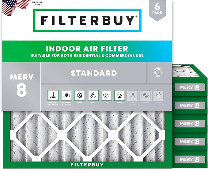 Filterbuy 18x18x2 Air Filter MERV 8 Essential Dust & Allergy Defense (6-Pack), Electrostatic Pleated HVAC AC Furnace Filters Replacement (Actual Size: 17.75 x 17.75 x 1.75)