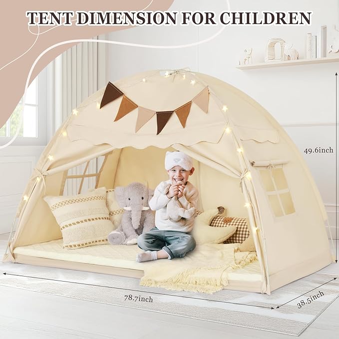 Twin Size Bed Tent Canopy, Kids Play Tent with Flags & Star Lights, Canopy on Bed Privacy Space Sleeping Blackout Tents, Indoor Breathable Portable & Foldable, Girls & Boys Gifts, Cream Castle Style