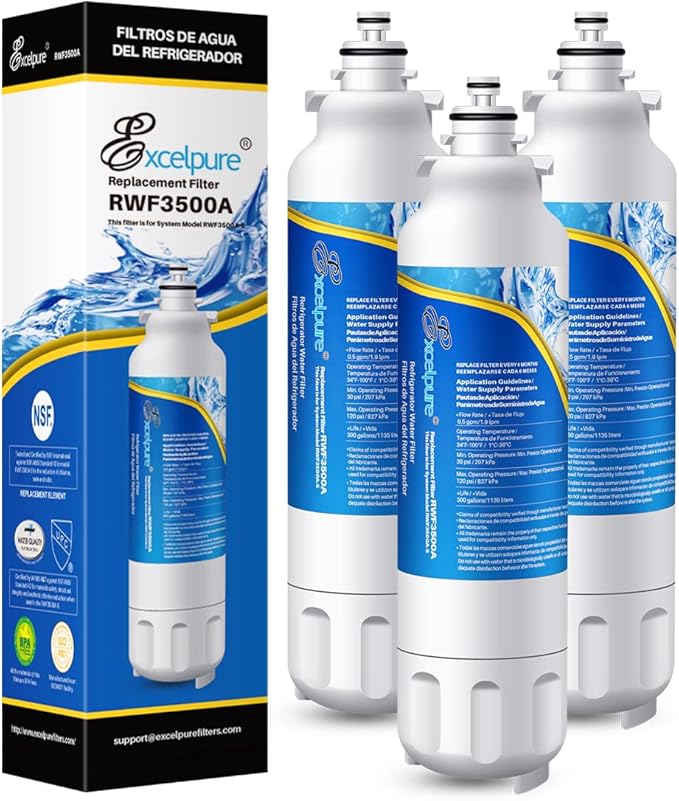 EXCELPURE ADQ73613401 Refrigerator Water Filter Replacement for LG LT800P, LT800PC, ADQ736134, ADQ73613402, Kenmore 9490,46-9490, LSXS26326S, LSXS26366S, LMXS30776S, LMXC23746S, RWF3500A 3PACK