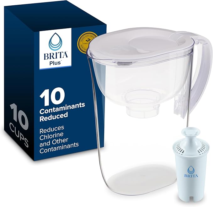 Brita 10 Cup Water Filter Pitcher, Reduces Chlorine, Mercury, Cadmium, Copper and More, Includes 1 Brita Plus Filter, BPA Free, Clear