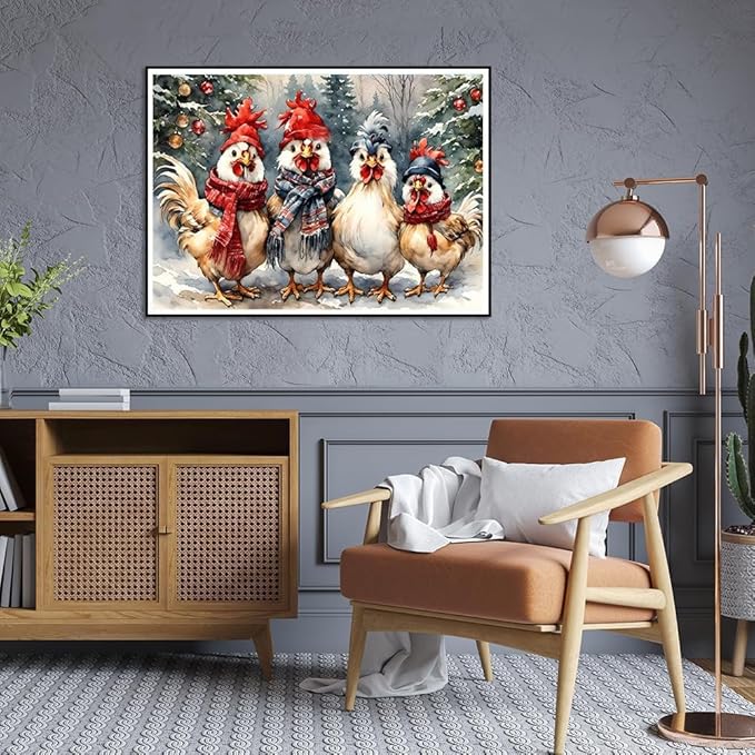Ekuxom Chicken Diamond Art Kits for Adults, Winter Christmas Diamond Art Kits for Adults, Full Round Christmas Chicken Diamond Painting Gem Art Home Wall Decor 16x12 inch