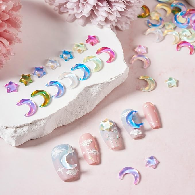 160Pcs Moon Star Nail Charms Crystals Star Moon Nail Gems Crescent Moon Glass Flatback Cabochons Nail Rhinestones 3D Nail Art Jewelry for Manicure Phone Case Mirror Decoration