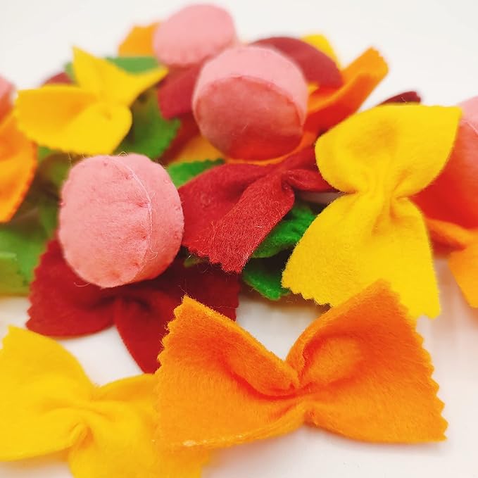 Felt play food Pasta farfalle with sausage for pretend play in kids kitchen, plush fake realistic bow tie (multi color farfalle, Small set (16 farfalle, 4 sausages))