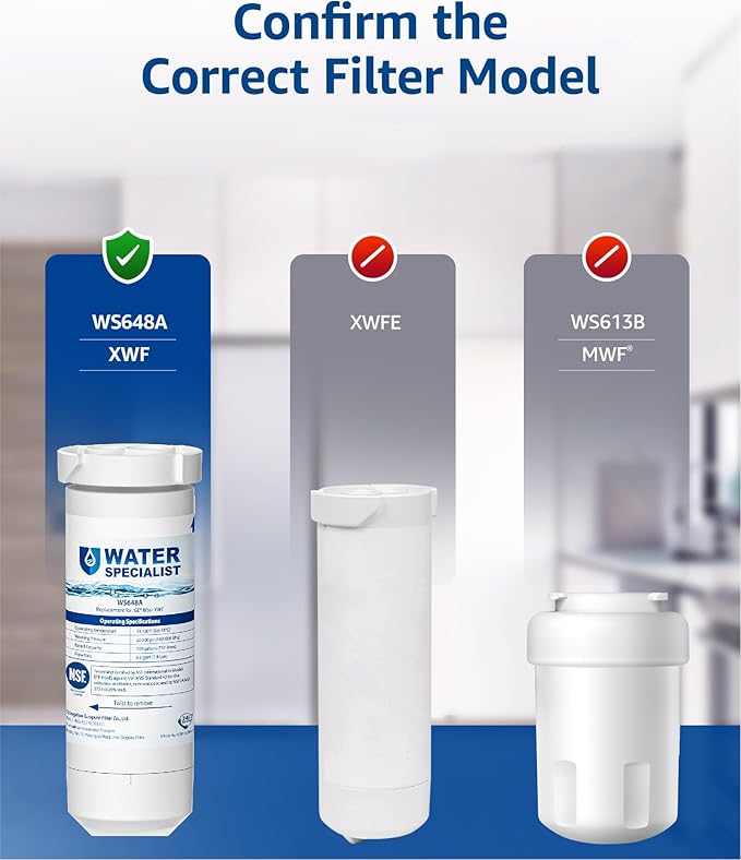Waterspecialist XWF Replacement for GE® XWF, WR17X30702 Refrigerator Water Filter, NSF 42/372 Certified, Compatible with GE® GNE27, GFE26, GDE25, GSS25 Series Refrigerators, 3-Pack (Not XWFE®)