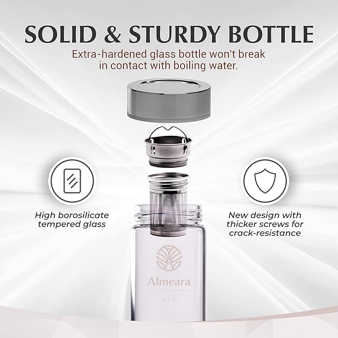 Almeara Crystal Water Bottle with Authentic Aquamarine Stones and Clear Quartz Removable Gemstones, Loose Leaf Tea Infuser - Relaxation, Healing & Spiritual Gifts for Women - Witchcraft Supplies