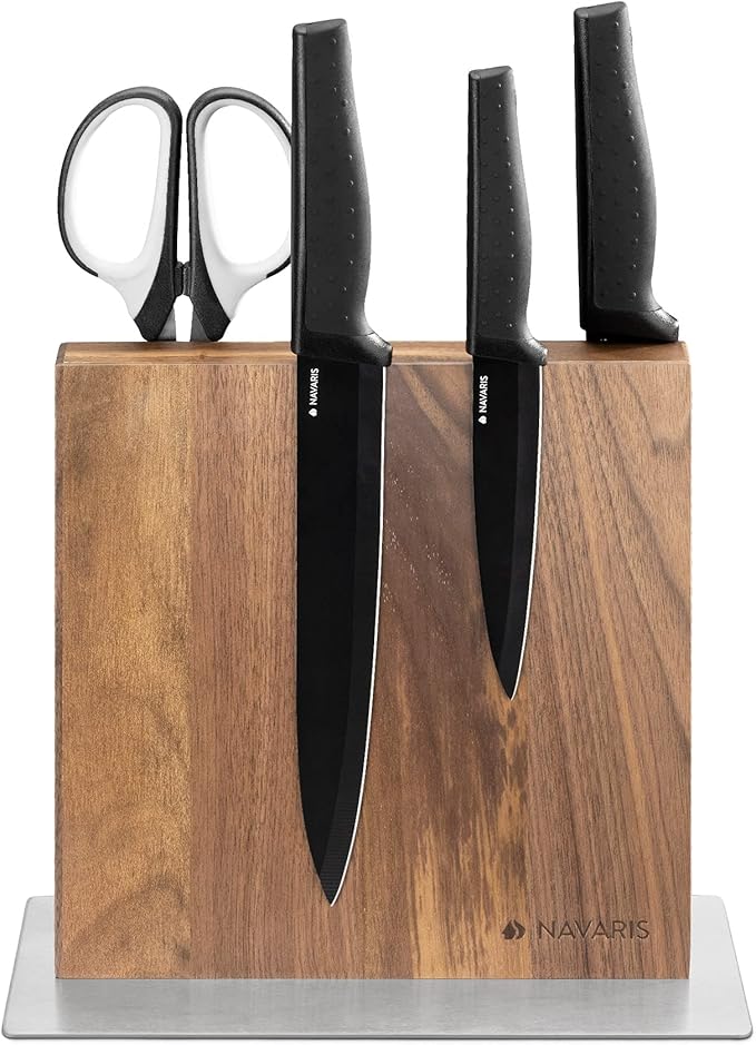 Navaris Magnetic Wooden Knife Block - Kitchen Storage with Strong Magnets for Knives & Utensils - Simple Modern Utensil Holder in Walnut Wood - 8.9" x 8.7"