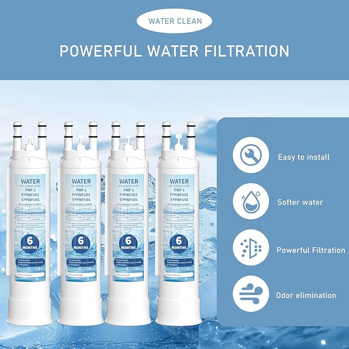 FPPWFU01 Water Filter Replacement Compatible With Frigidaire FPPWFU01 PurePour PWF-1, Electrolux EPPWFU01 PureAdvantage PWF-1 Water Filter, 4 Pack