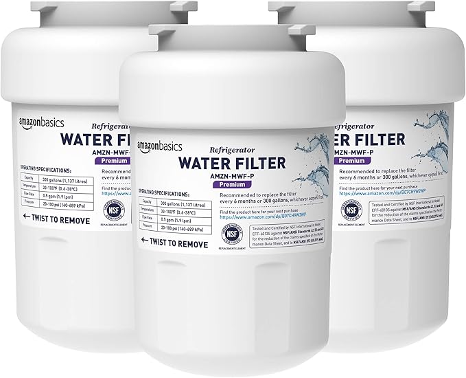 Amazon Basics Replacement Water Filter Cartridge Compatible with GE MWF Refrigerator, NSF Certified, No Leaks, Fits Perfectly, Compatible with GE and Kenmore, 3-Pack