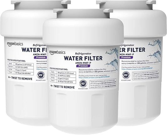 Amazon Basics Replacement Water Filter Cartridge Compatible with GE MWF Refrigerator, NSF Certified, No Leaks, Fits Perfectly, Compatible with GE and Kenmore, 3-Pack