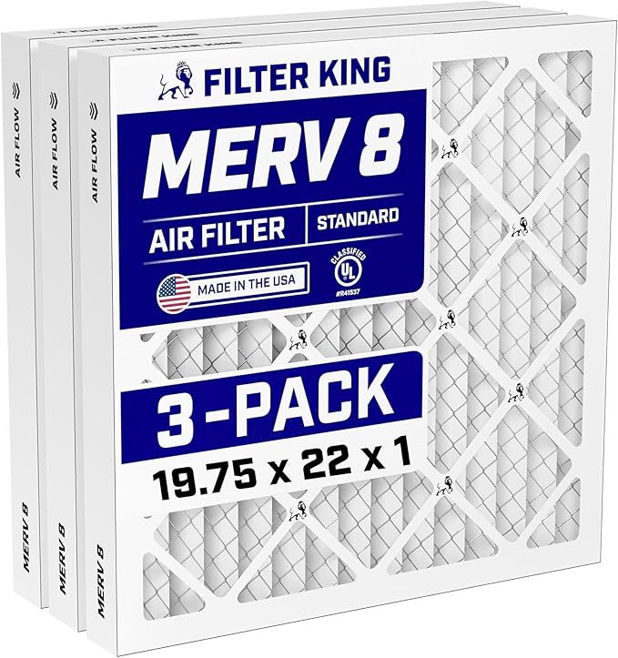 Filter King Air Filters 19.75x22x1 | 3-PACK | MERV 8 HVAC Pleated AC Furnace Filters | Actual Size 19.75 x 22 x .75