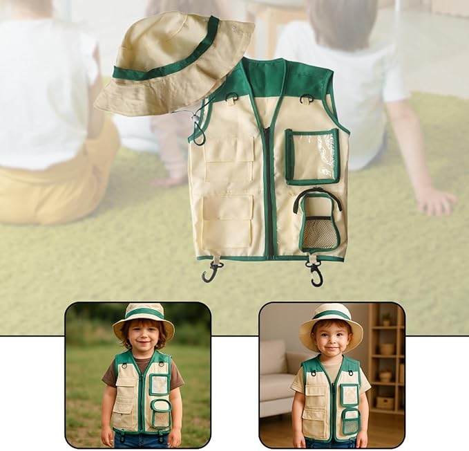 Kids Explorer Vest and Hat Outdoor Adventure Kit Role Play Costume for Fishing Paleontologist Hiking Birthday Gift, Green