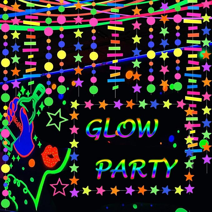 702feet Paper UV Neon Garland Neon Streamers Glow in The Dark Neon Party Supplies and Decorations Glow in The Dark Streamers Blacklight Reactive Fluorescent Black Light Party Kit for Birthday Wedding