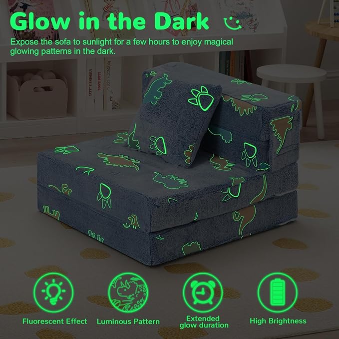 MeMoreCool Foldable Futon Chair Bed for Kids, Glow Tri-fold Sofa Bed Convertible Toddler Sofa Mattress, Foam Floor Couch for Sitting, Blue