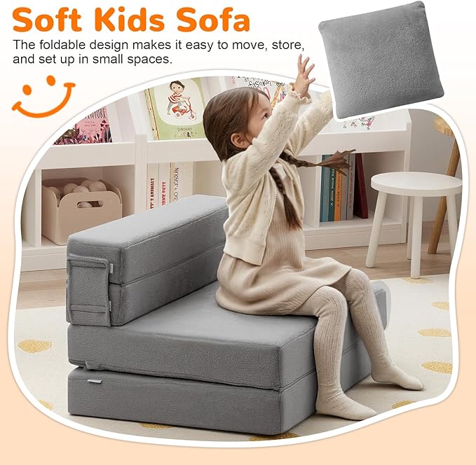 MeMoreCool Foldable Futon Chair Bed for Kids, Grey Tri-fold Convertible Toddler Sofa Mattress, Foam Floor Couch for Sitting