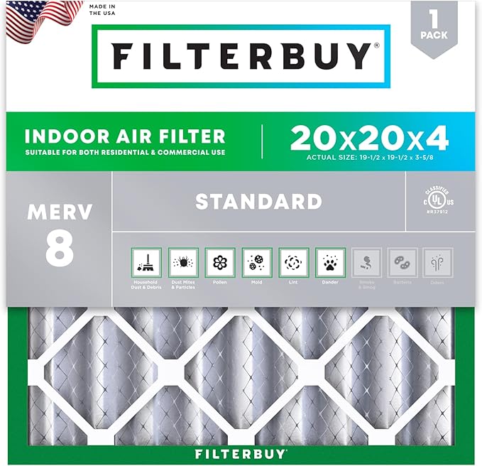 Filterbuy 20x20x4 Air Filter MERV 8 Essential Dust & Allergy Defense (1-Pack), Electrostatic Pleated HVAC AC Furnace Filters Replacement (Actual Size: 19.50 x 19.50 x 3.63)