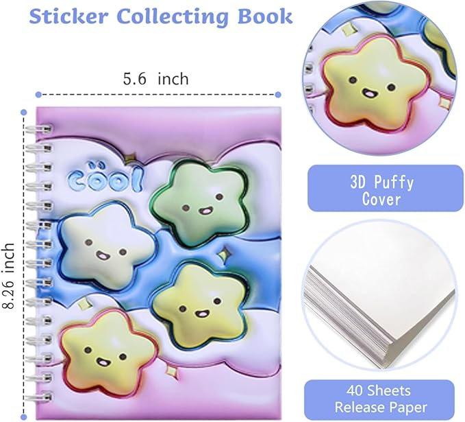 MUDOR Reusable Sticker Collecting Book with Puffy Cover, A5 Size with 40 Sheets Release Paper, Blank Stickers Storage Collection Album Organizer (Star)